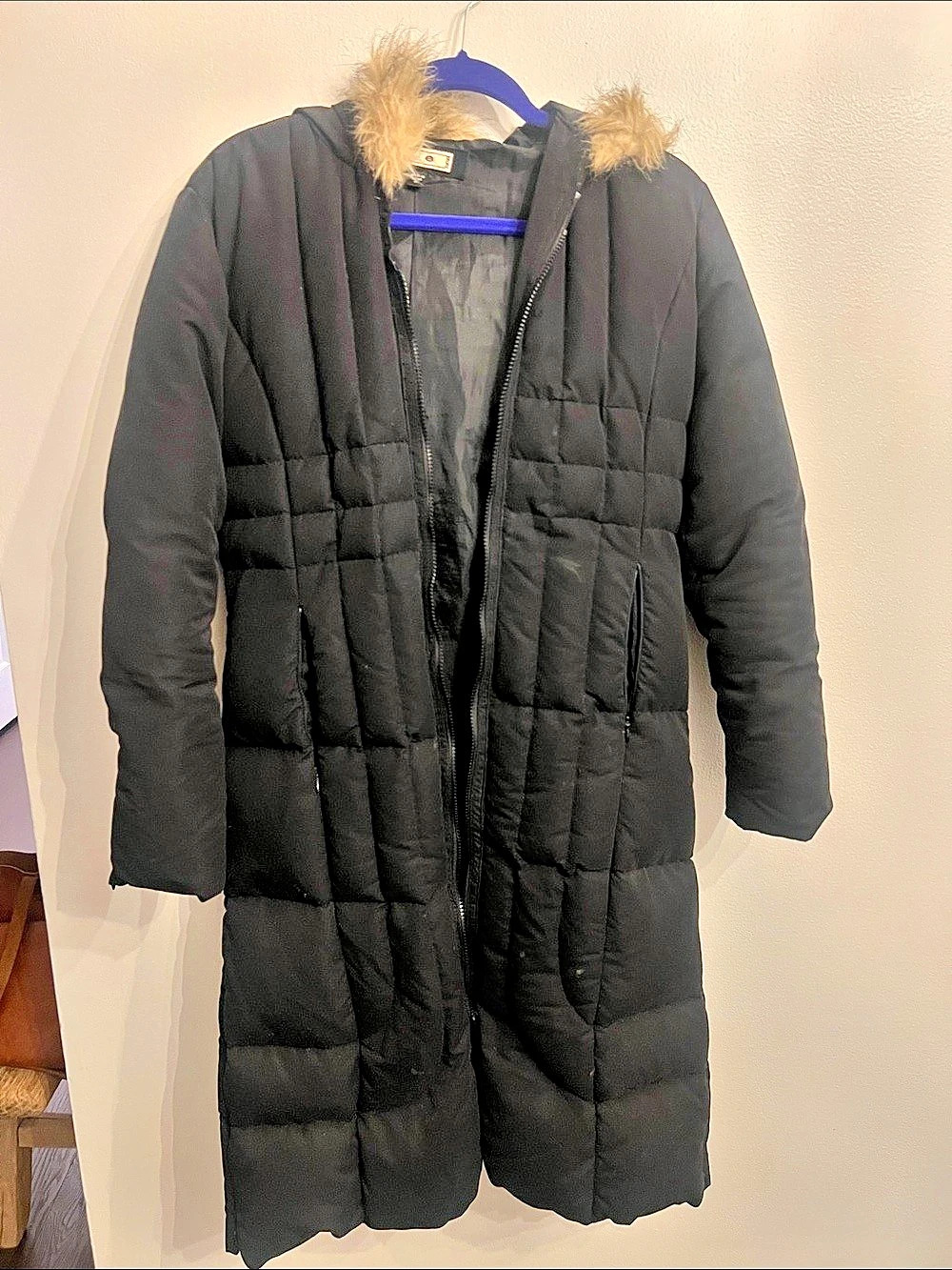Black Faux Fur Trim Long Puffer Coat VINTAGE